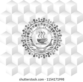 coffee cup icon inside grey emblem with geometric cube white background