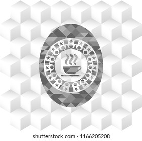 coffee cup icon inside grey emblem with geometric cube white background