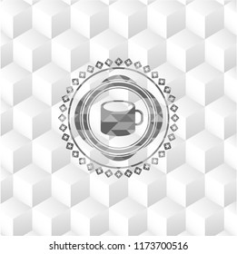 coffee cup icon inside grey badge with geometric cube white background