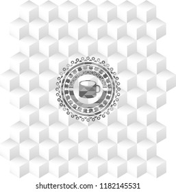 coffee cup icon inside grey emblem. Vintage with geometric cube white background