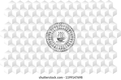 coffee cup icon inside grey icon or emblem with geometric cube white background