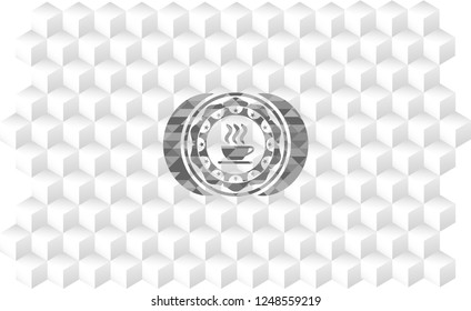 coffee cup icon inside grey badge with geometric cube white background