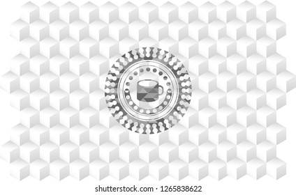 coffee cup icon inside grey emblem with geometric cube white background