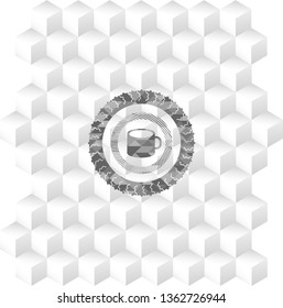 coffee cup icon inside grey icon or emblem with geometric cube white background