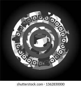 coffee cup icon inside grey camouflage texture