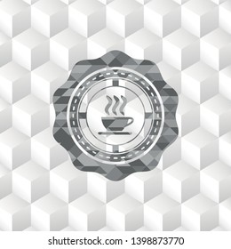 coffee cup icon inside grey icon or emblem with geometric cube white background