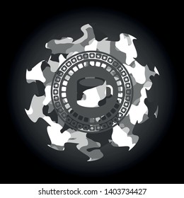 coffee cup icon inside grey camouflaged emblem