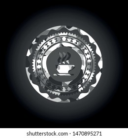 coffee cup icon inside grey camouflage emblem