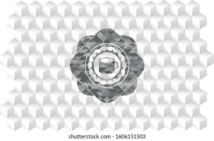 coffee cup icon inside grey icon or emblem with geometric cube white background