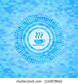 coffee cup icon inside light blue emblem with triangle mosaic background