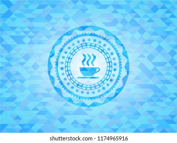 coffee cup icon inside light blue emblem with mosaic ecological style background