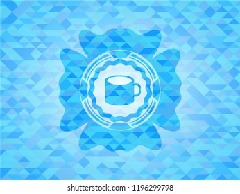 coffee cup icon inside light blue emblem with triangle mosaic background