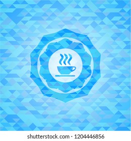 coffee cup icon inside light blue emblem with triangle mosaic background