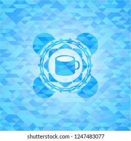 coffee cup icon inside light blue emblem. Mosaic background