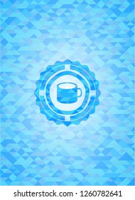 coffee cup icon inside light blue emblem. Mosaic background