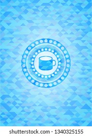 coffee cup icon inside light blue emblem with mosaic background