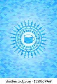 coffee cup icon inside light blue emblem with triangle mosaic background