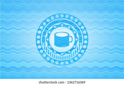 coffee cup icon inside light blue water wave emblem background.