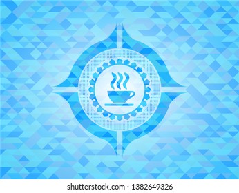 coffee cup icon inside light blue emblem with mosaic ecological style background