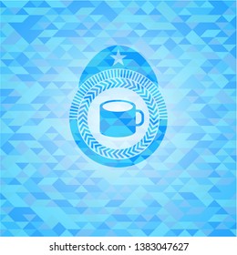 coffee cup icon inside light blue emblem with mosaic background