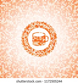 coffee cup icon inside orange mosaic emblem with background