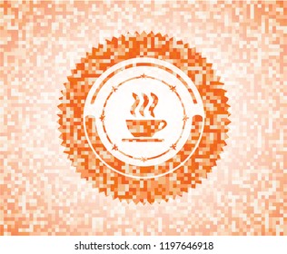 coffee cup icon inside orange mosaic emblem