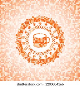 coffee cup icon inside orange mosaic emblem with background