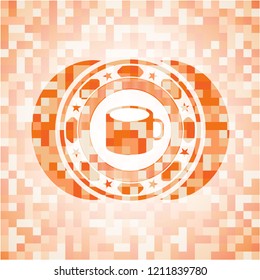 coffee cup icon inside orange mosaic emblem with background