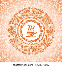 coffee cup icon inside orange tile background illustration. Square geometric mosaic seamless pattern with emblem inside.