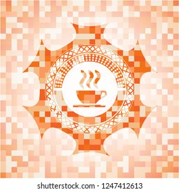 coffee cup icon inside orange tile background illustration. Square geometric mosaic seamless pattern with emblem inside.