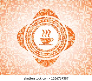 coffee cup icon inside orange mosaic emblem with background