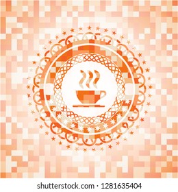 coffee cup icon inside orange mosaic emblem with background