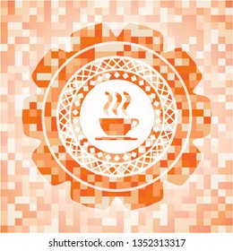 coffee cup icon inside orange mosaic emblem