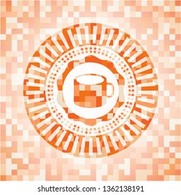 coffee cup icon inside orange mosaic emblem