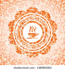 coffee cup icon inside orange mosaic emblem with background