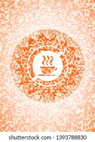 coffee cup icon inside orange tile background illustration. Square geometric mosaic seamless pattern with emblem inside.