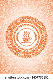coffee cup icon inside orange mosaic emblem with background