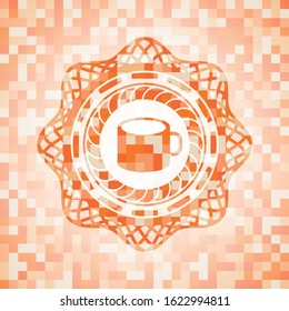 coffee cup icon inside orange mosaic emblem with background