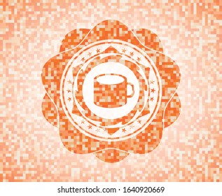 coffee cup icon inside orange tile background illustration. Square geometric mosaic seamless pattern with emblem inside.