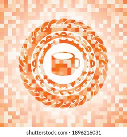 coffee cup icon inside orange mosaic emblem. 