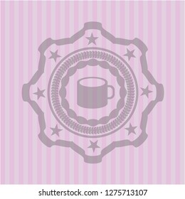 coffee cup icon inside pink emblem. Retro