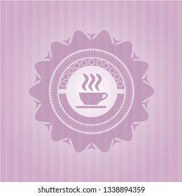 coffee cup icon inside pink emblem