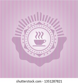 coffee cup icon inside pink emblem. Retro