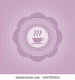 coffee cup icon inside pink emblem. Retro