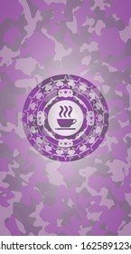 coffee cup icon inside pink and purple camo emblem
