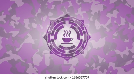 coffee cup icon inside pink and purple camouflage emblem