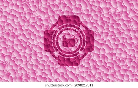 coffee cup icon inside pink badge with bubbles background. Vector Illustration. Detailed. 