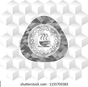 coffee cup icon inside realistic grey emblem with cube white background
