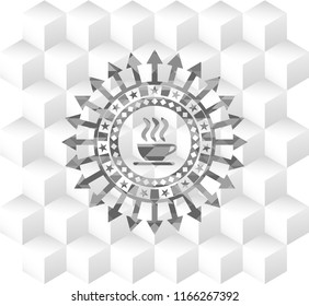 coffee cup icon inside realistic grey emblem with geometric cube white background