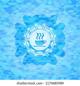 coffee cup icon inside realistic sky blue emblem. Mosaic background